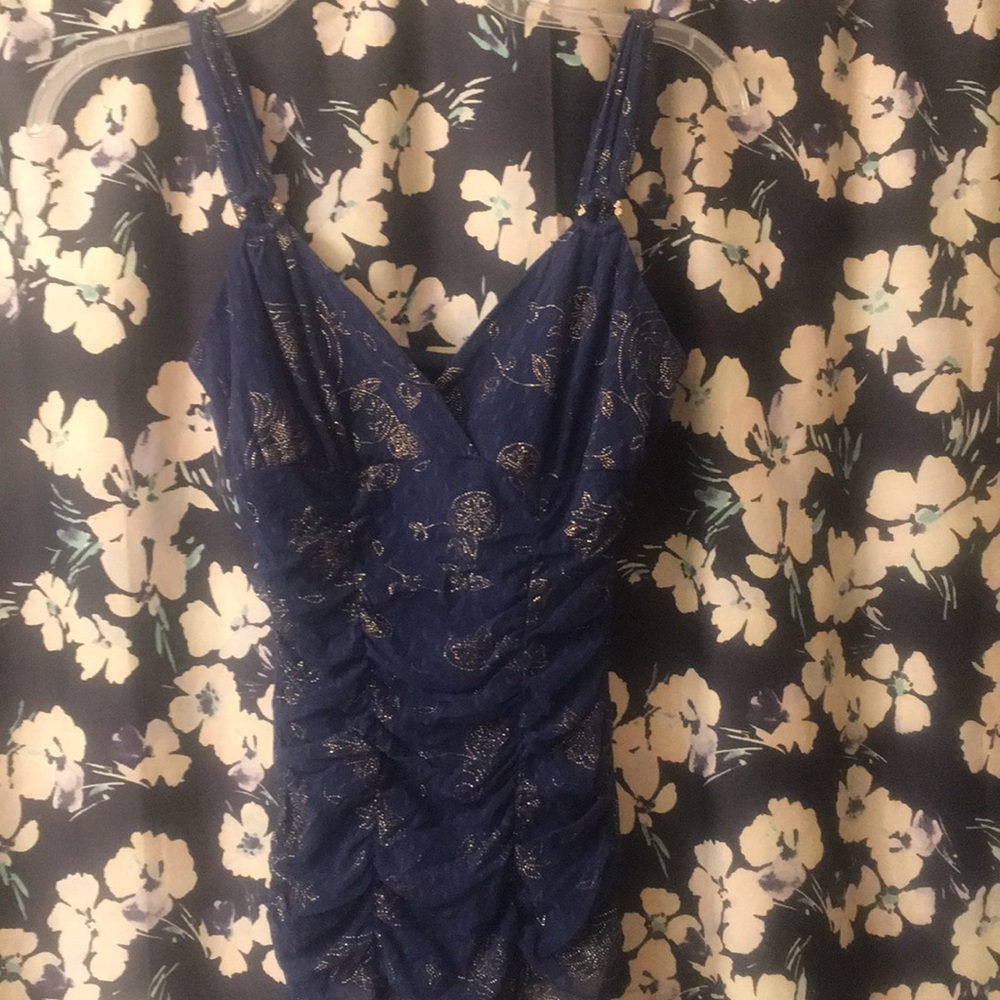 Express navy ruched tank top w/ gold floral detail